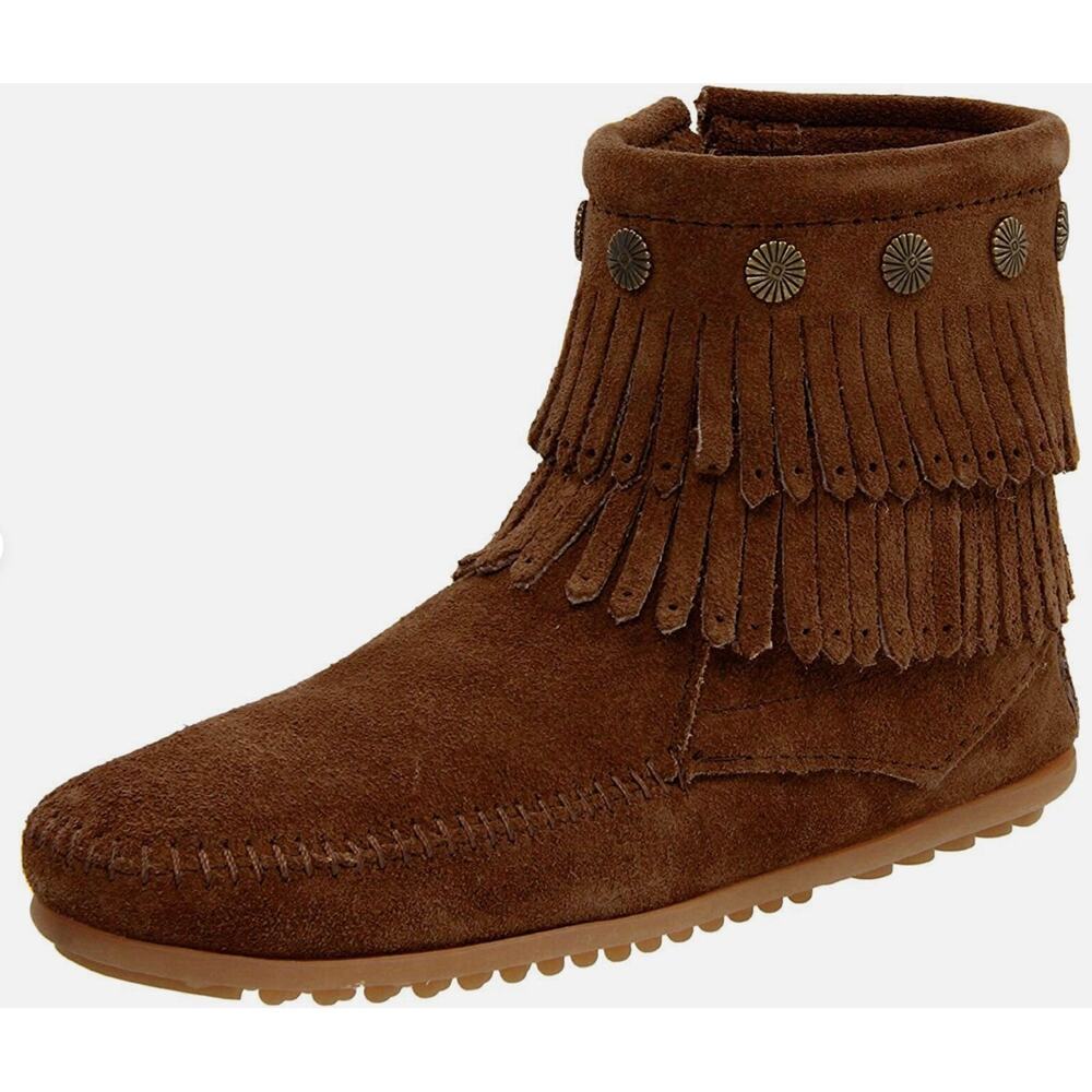 MINNETONKA Double Fringe Side Zip Boots Dusty Brown RETRO BOHO LOOK Sz 11 NEW